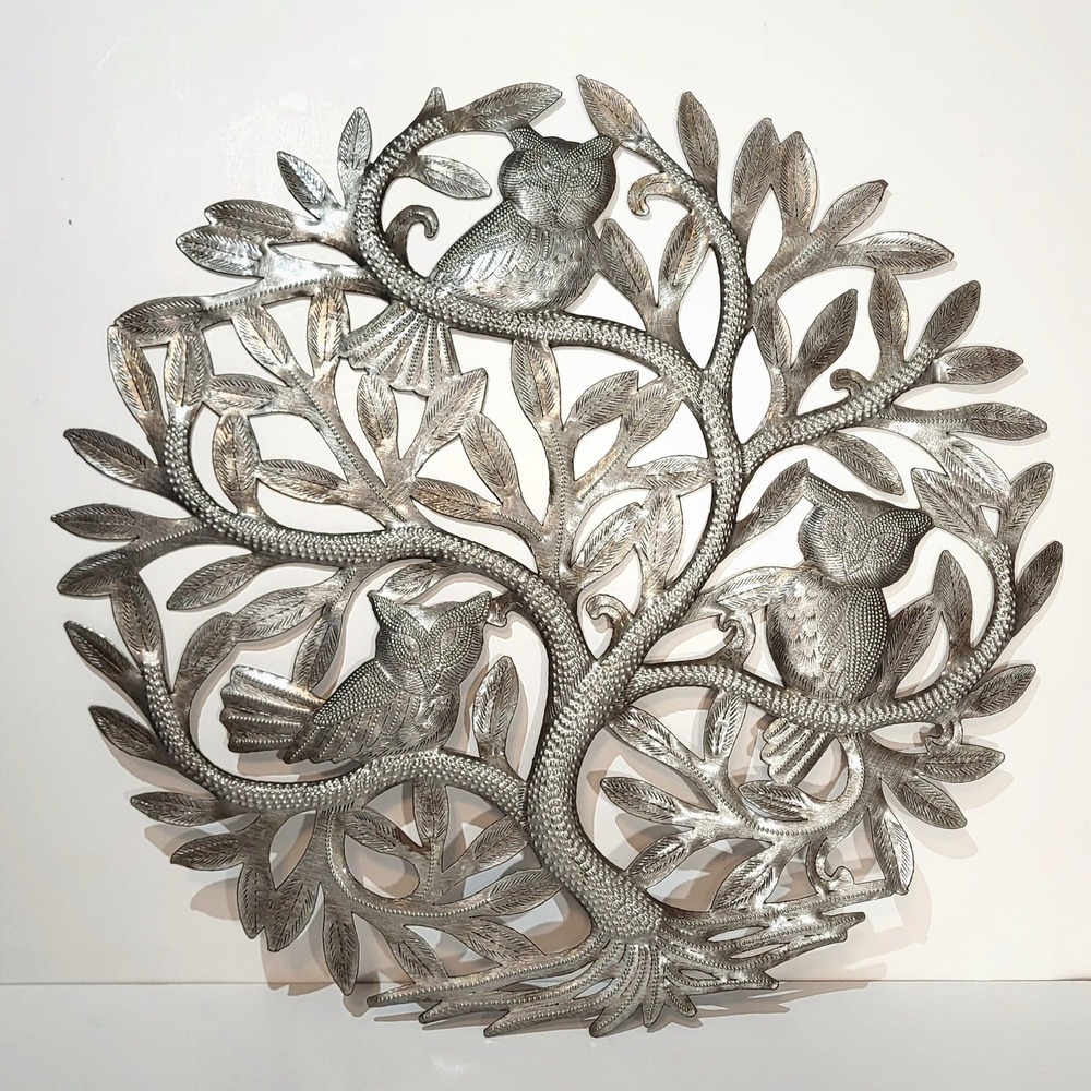 Haitian Steel Drum Art Tree of Life Owls Wall Hanging Recycled Metal 17 Inch